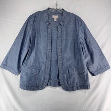 Chico's Ruffle Trim Open Front Jacket Womens 2 Blue Cotton Chambray Coastal 805