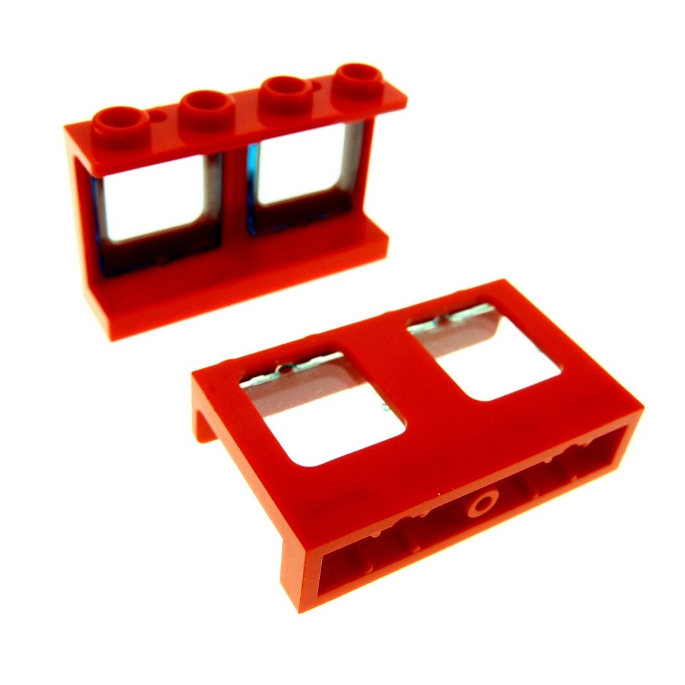 2X Lego Window Frame 1X4X2 Double Red Transparent Blue Pane 60601 61345