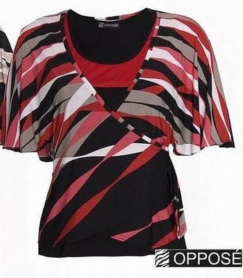 2 in 1 Shirt, Top + Wickelshirt mit Flügelärmeln, Viskose, schwarz rot pink weiß - Bild 1 von 2