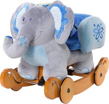 Rocking Elephant Blue with Wheel, Wooden Rocker, Plush Rocking Animal