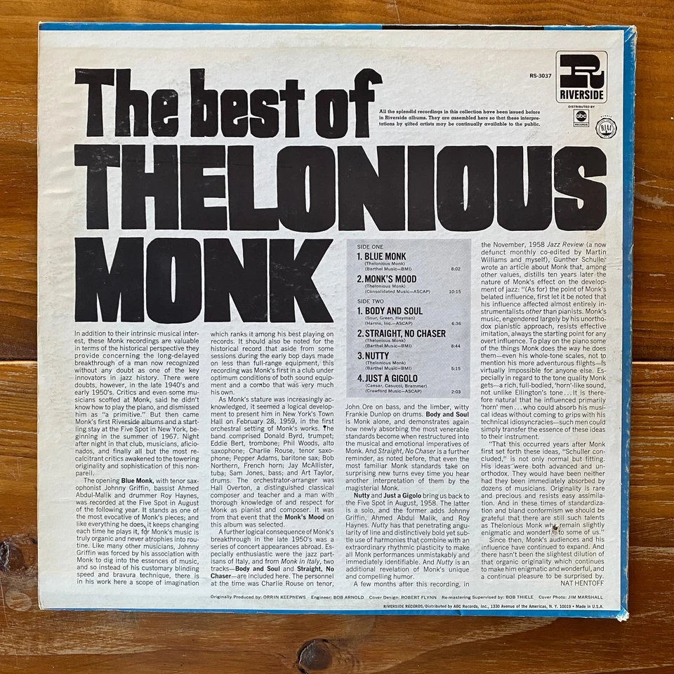 The Best Of Thelonious Monk – Bebop Jazz Piano Vinyl LP – OG Riverside - Image 2 of 4