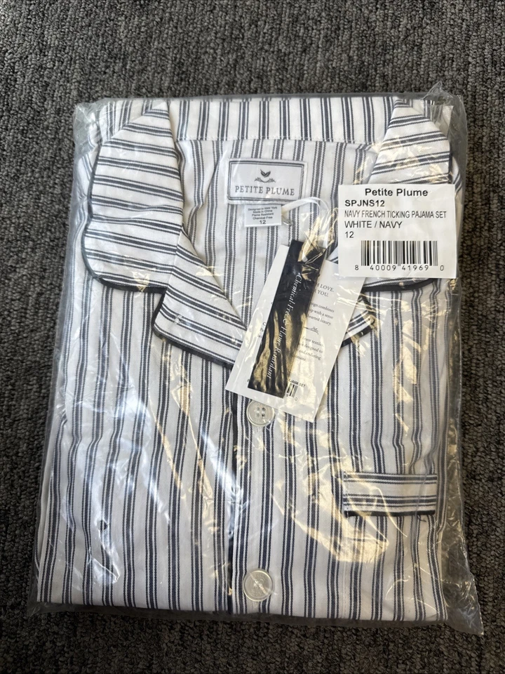 Petite Plume Kid's Twill Pajama Set in Navy French Ticking NWT MSRP $58 Sz 12 - Image 3 of 4