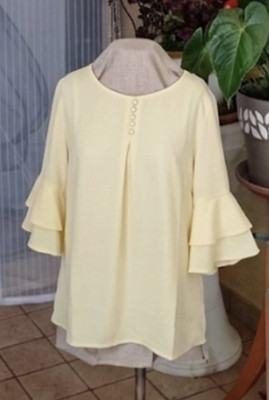 Damen Tunika Bluse Gelb Gr. XL Rundhals 3/4 Glockenärmel Rüsche Knöpfe