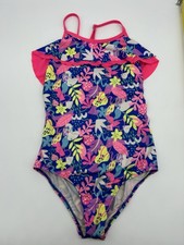 Lands' End Girls Blue Pink Floral Ruffle Crossback Bathing Suit Size 14