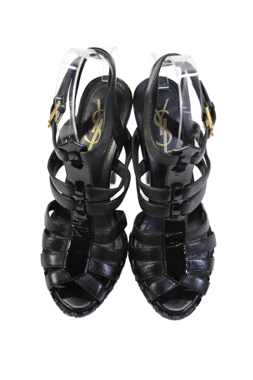 YSL Women's Open Toe Leather Cone Heel Strappy Sandals Black Size 7 thumbnail 2