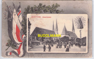 Patriotic postcard Altötting Kapellplatz black white red flags oak leaves 1916
