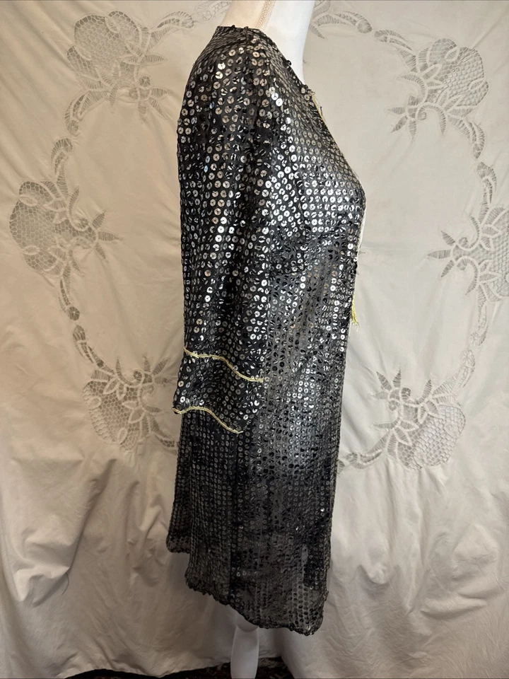 "Vestido transparente vintage completo de lentejuelas negro plateado estilo Art Deco cambio 20"" PTP mediano" Foto 3 de 4