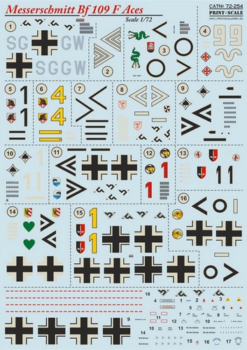 Print Scale 72254 Decal for Messerschmitt Bf109 F Aces 172 Print Scale 72254 Decal for Messerschmitt Bf109 F Aces 172