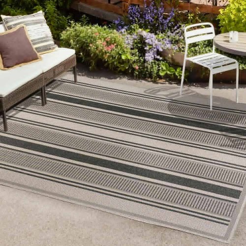Jonathan Y Outdoor Rugs 120"Lx94"W Haynes Modern Double Stripe Rectangle Black - Picture 8 of 10