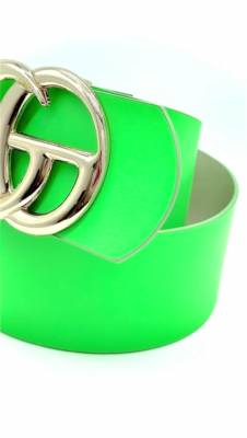 Women Green Neon Color Wide Faux Leather Belt Big Gold Metal  display picture 1
