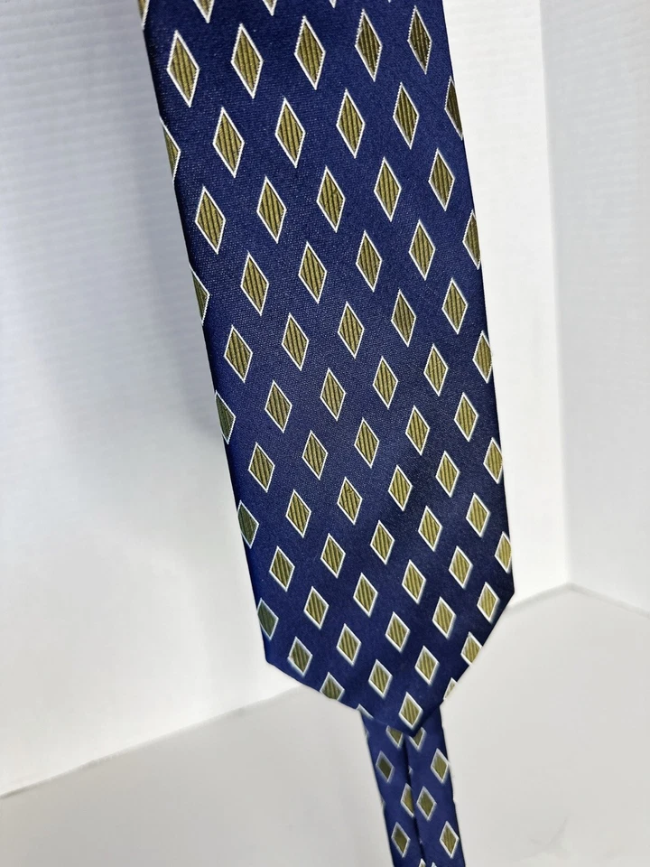HENRY JACOBSON Silk Tie Necktie Designer Geometric Blue/Gold EUC - Image 2 of 3