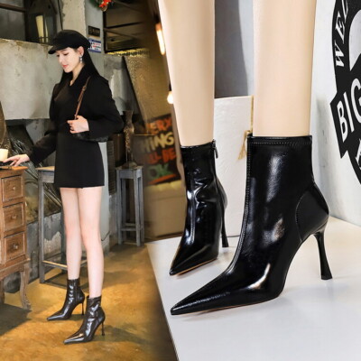 Women's 2024 Fashion Pointy Toe Zipper High Heel Bootie Ankle