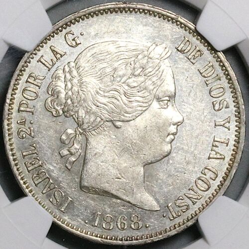 1868 (68) NGC AU-58 Spain 2 Escudos Isabel 2 Madrid Mint Silver Coin (24092907D)