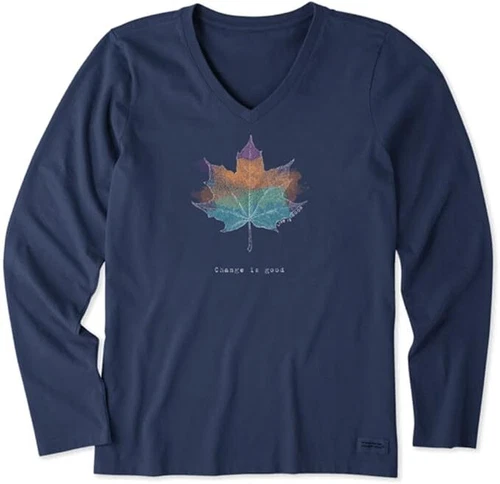 NWT Life Is Good Womens Crusher Long Sleeve Fall Leaf Change Navy Blue Large