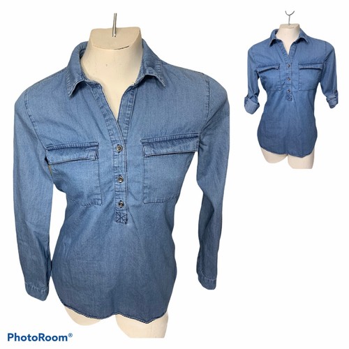 Old Navy Pull Over Denim Shirt Size XS Long Sleeves Roll Tab Lightweight - Picture 6 of 12