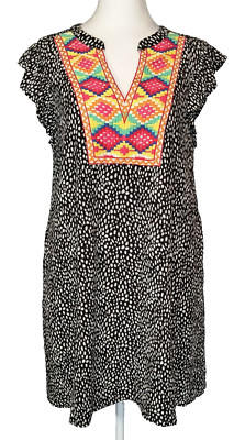 THML Dress Size Medium Black Colorful Embroidered Cheyenne Shift Pockets