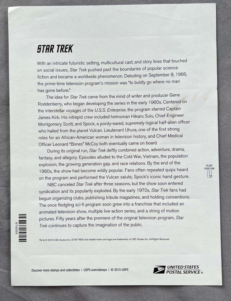 STAR TREK FOREVER Vintage USPS STAMP PAGE United States Postal