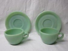 Lot of 2 Fire King Jadite Green Glass Cup  Saucers Heavy Restaurant Vintage Set