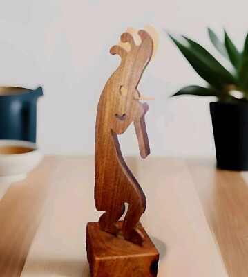 Native American Kokotelli Hand Crafted Wooden Decor Figure On Natural Wood Base