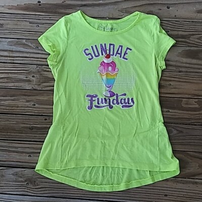  Hanes Girls Graphic T-Shirt 'Sundae Fun Day' Ruffle Back Neon Green Size L 