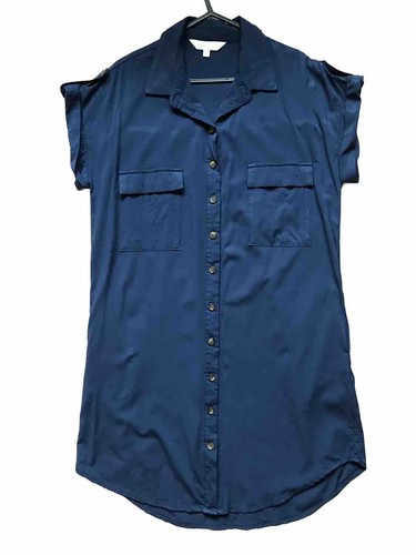 Robe chemise abricot bleu marine matière douce manches courtes poches latérales taille 12 ex/cond