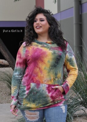 New Boho Plus Size Women's Wine Olive Tie Dye Hoodie Shirt Tunic 1X 2X 3X USA