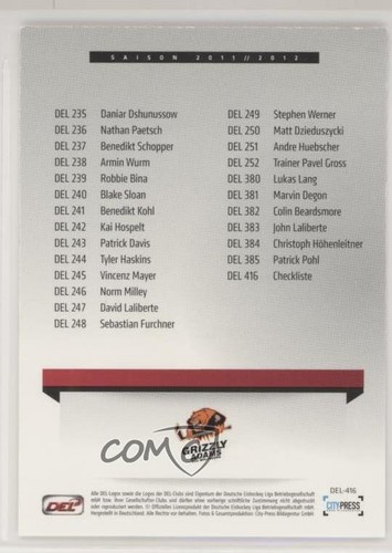 2011 City-Press DEL Playercards Deutsche Eishockey Liga Team Checklist #DEL-416 - Picture 2 of 3