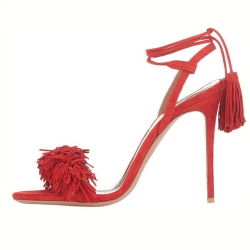 Fringe Red Sandals Tassels Strappy Stiletto Heels Shoes Women Plus US Size 3-16 - Picture 7 of 22