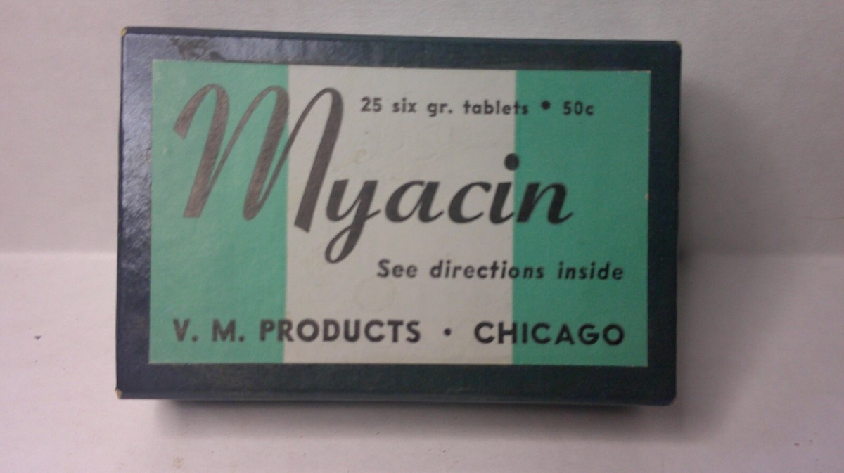 antique quack medicine Myacin pain relief pills V.M. Products