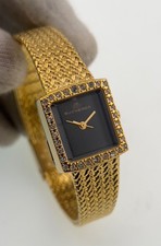 Petite Square Crystal Bezel Dress Watch Black Dial Gold Tone Textured Bracelet