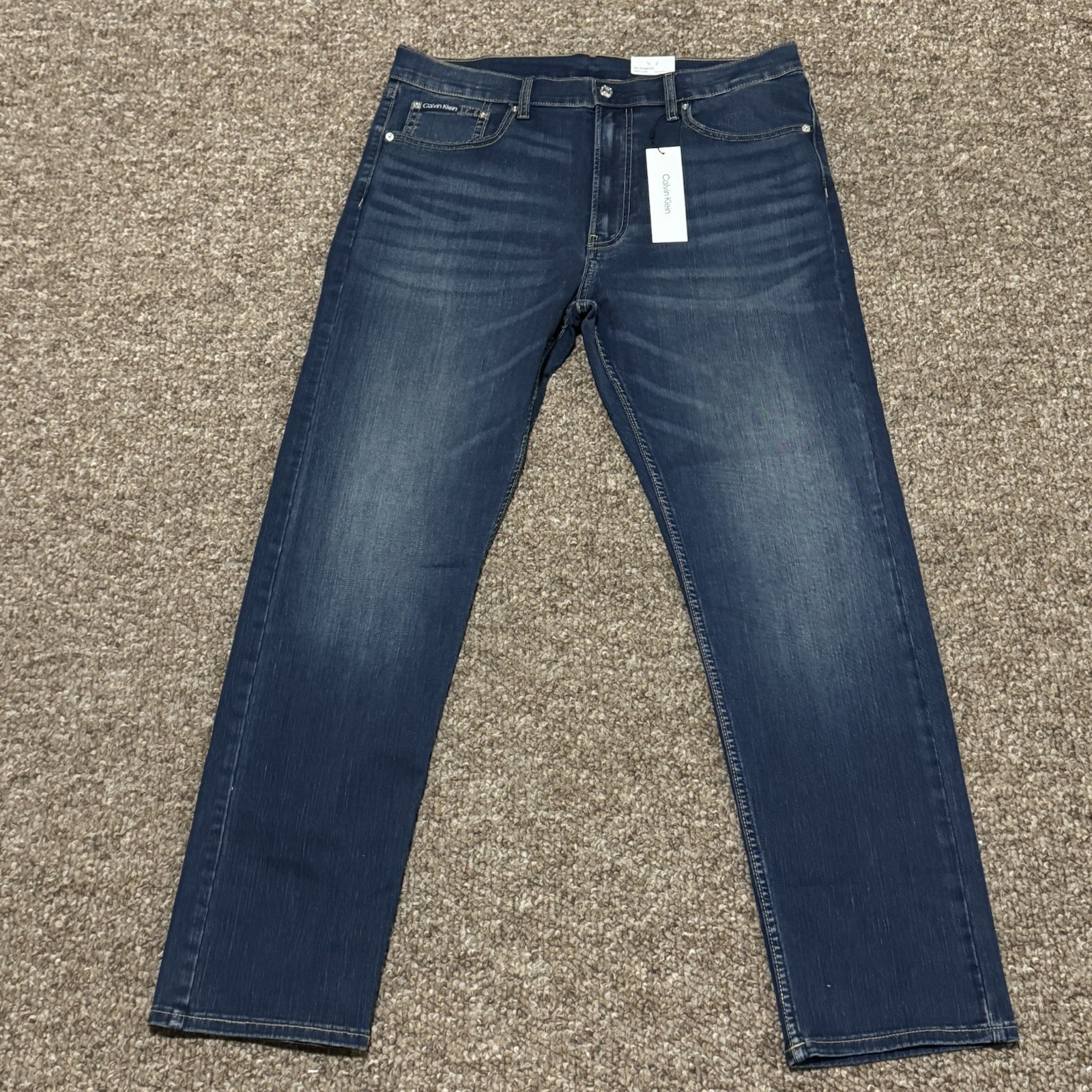 Calvin Klein Jeans Mens Size 36x32 Straight Stretch Faded Whiskered Blue Denim