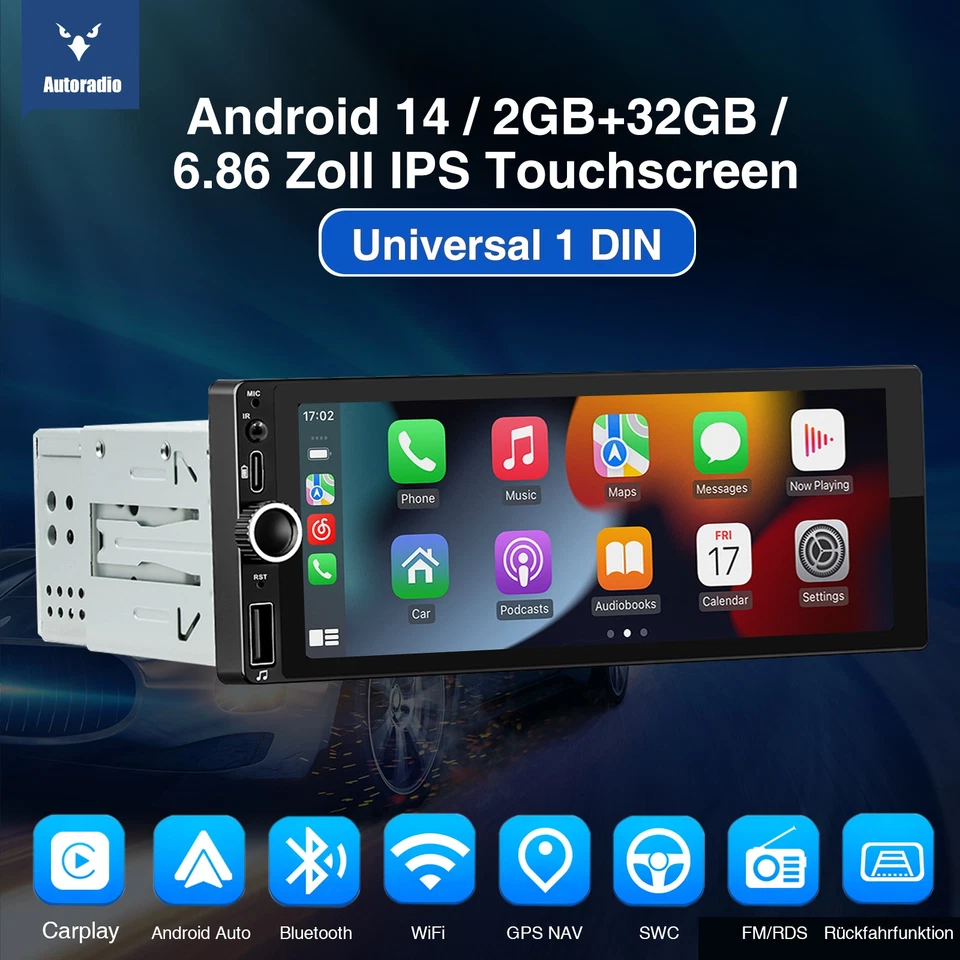DAB+ 1 DIN Android 14 Autoradio Mit Bluetooth GPS Navi RDS WIFI USB SWC KAM 32GB - Bild 2 von 4