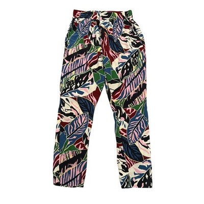 Toupy Paris 100% Silk Tropical Leaf Print Pants Medium Vacation Artsy Colorful
