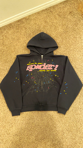 sp5der Men's S Full Zip Fleece Hoodie Black Graphic Print Logo Cotton