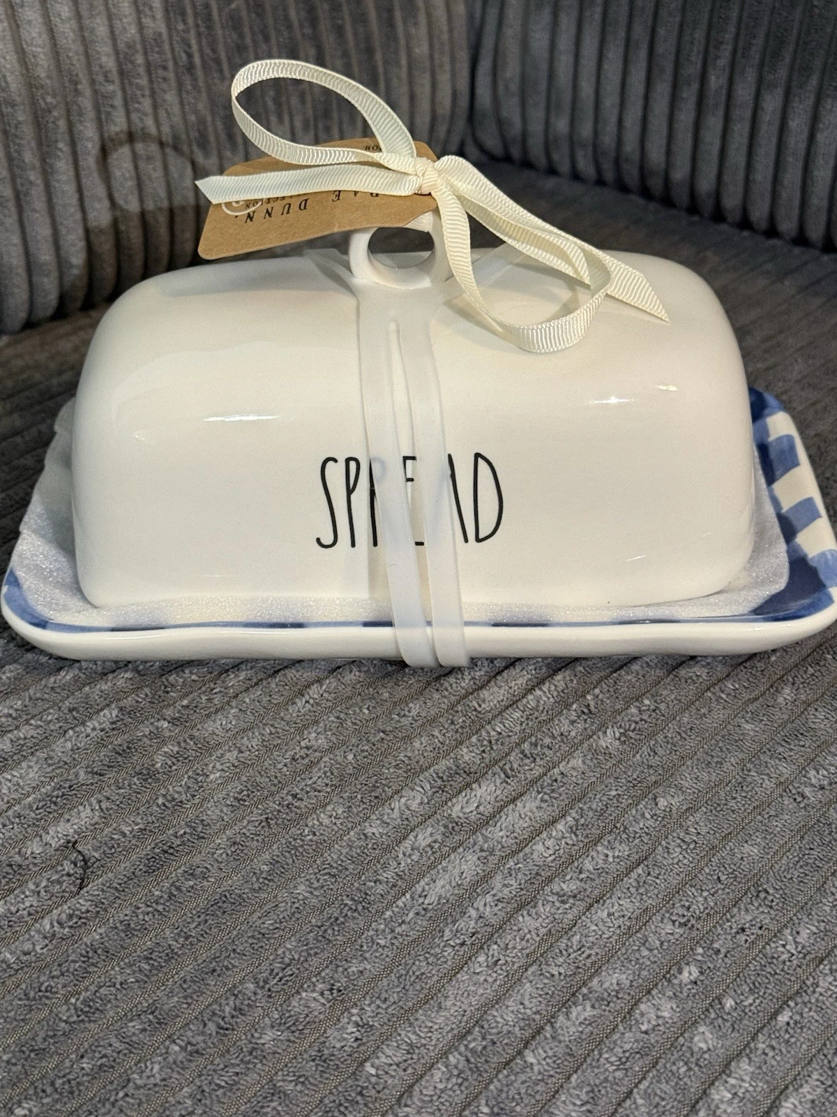 Rae Dunn White & Blue Gingham Butter Dish with Lid - SPREAD- New