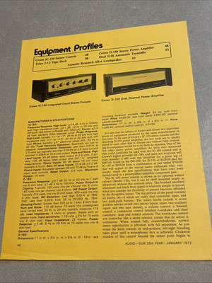 Original 1970 CROWN D-150 Stereo Power Amplifier Advertising Spec Review Pages!