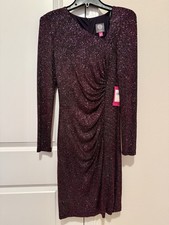 Vince Camuto Magenta Black Sheath Dress Long Sleeve V-Neck Glitter Ruched Size 4
