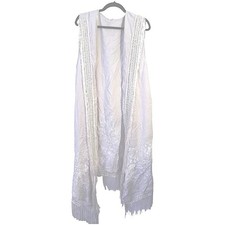 Free People Embroidered Floral Fringe Cardigan Duster Ivory Cream size Large