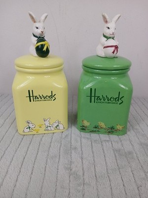 Vintage Harrods Osterkanister GLASx2 Hase Hase Frühling gelb grün Knightsbridge