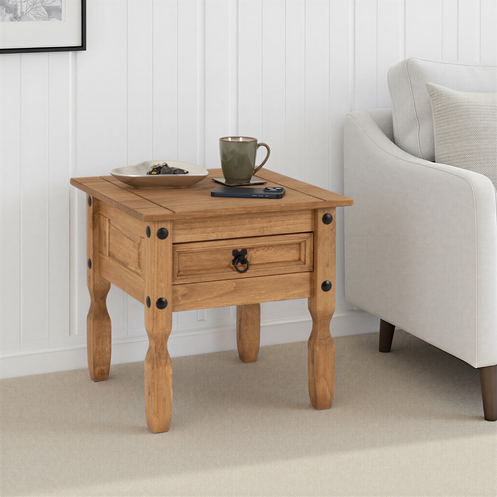 Corona Essentials 1 Drawer Lamp Side Table Wax Solid Wood Pine Mexican
