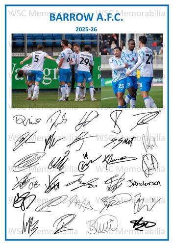 11723. Barrow AFC Signed Team Sheets (A4 Prints) CHOOSE A SEASON 2023-26