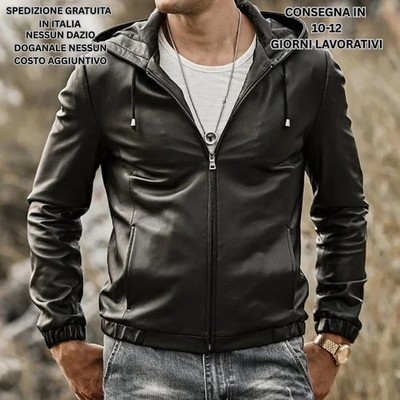 Herren Jacke Echt Lammleder Natur mit Kapuze Casual Elegant