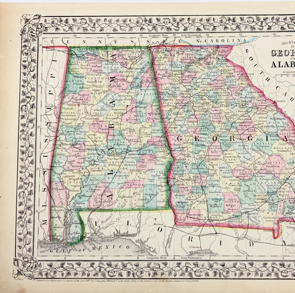 1869 ALABAMA - GEORGIA  Map  ORIGINAL Mobile - Savannah - Atlanta (13.25x11) - Image 2 of 4