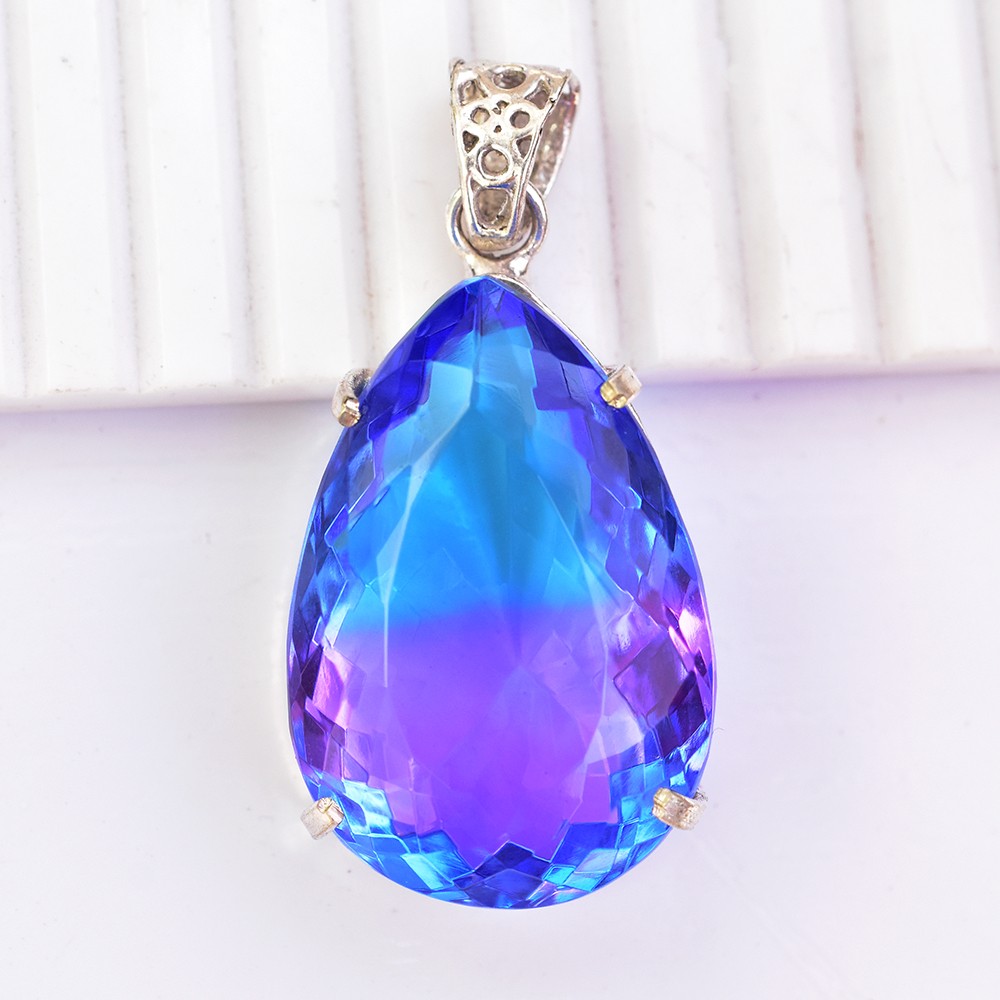 101 Ct LAB-CREATED Certified 925 Sterling Silver Bi-Color Sapphire Pear Pendant