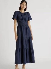 Quince Dress Womens Navy Blue 100% Organic Cotton Poplin Tiered Maxi Pockets Sm