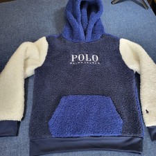 Polo Ralph Lauren Boys Sherpa Fleece Hoodie Colorblock Navy Blue Cream L 14-16