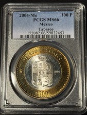 2004 Mo Mexico 180th Ann. Bimetal, Tabasco, 100 Peso PCGS MS66