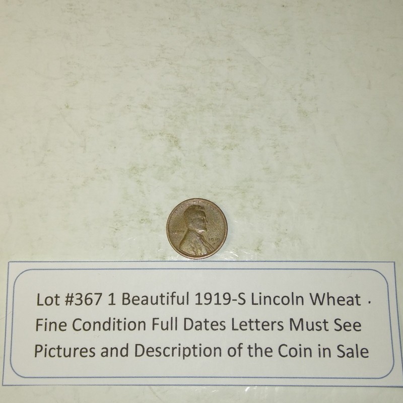 Lot #367 One Beautiful 1919-S Lincoln Wheat Fine Full Date-Letters See Pictures