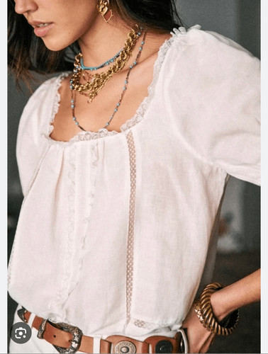 SEZANE Frances White Lace Shirt Size FR 36 US Medium Cotton Puff Sleeve