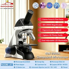 40X-2000X HD Microscope Set, Coarse Fine, w/ Phone Adapter,Dual LED Illumination